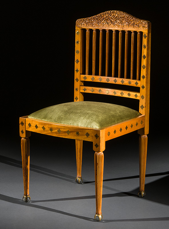 Figure 3. Louis Comfort Tiffany, Side chair, 1891–93. Primavera and American ash, varicolored wood and metal micromosaic marquetry, glass balls in brass claw feet. Purchased with funds from the Art Collectors’ Council and the Virginia Steele Scott Foundation Acquisition Fund for American Art, 2019.9. Photo by Eric W. Baumgartner.