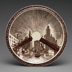Figure 4. Designed by Rockwell Kent and Gale Turnbull, Our America luncheon plate with Chicago’s Michigan avenue bridge, 1940-43, Vernon, CA. Earthenware. 2020.64.54. All objects shown gifts of Martin Eidelberg. All images courtesy The Metropolitan Museum of Art.