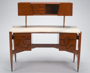 Figure 5. Gio Ponti, Desk, about 1953. Walnut, marble, copper, and plastic. Manufactured by Giordano Chiesa, Milan, Italy. Denver Art Museum, Gift of the James Plaut Family Collection, 1994.1151.