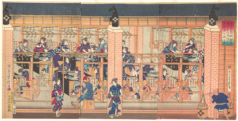 An 1872 print by Utagawa Yoshitora offers a detailed illustration of 19th-century silk manufacture, a process discussed at length in “Worn.” Here, female workers at Ono Silk Filature Company in Tokyo are shown emptying baskets of silk moth cocoons into vats of steaming water and reeling the cocoons’ thread ends onto a spinning frame. Utagawa Yoshitora, Imported Silk Reeling Machine at Tsukiji in Tokyo, 4th month, Japan. Triptych of woodblock prints, ink and color on paper. The Metropolitan Museum of Art, Gift of Lincoln Kirstein, 1959, JP3346.