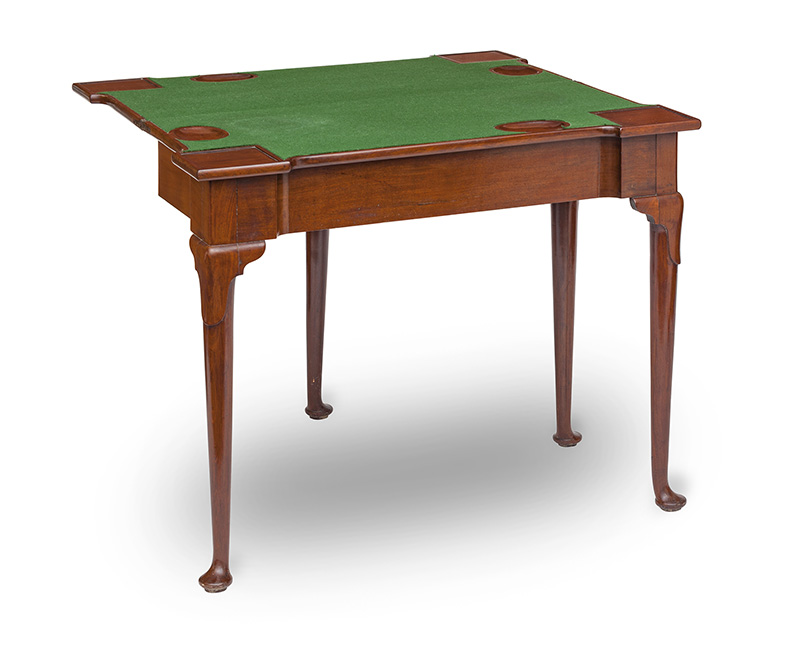Figure 7. Attributed to the shop of Anthony Hay, Card table (one of a pair), 1768, Williamsburg, VA. Mahogany, ash, yellow pine, poplar. Photo by Dennis McWaters.