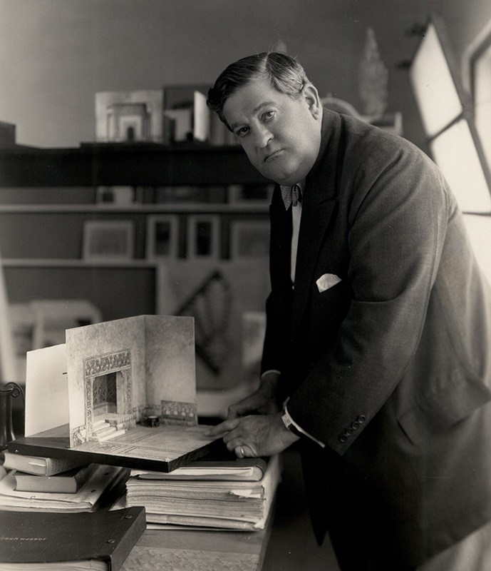 Figure 1. Joseph Urban standing over a model set in his Yonkers Studio, 1927. Joseph Urban Archive, Rare Book & Manuscript Library, Columbia University.