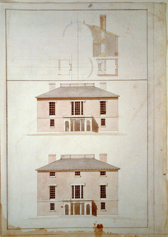 Figure 3. Benjamin Henry Latrobe, House (“Pope House”) for John Pope, Lexington, KY. Elevations, sections, and roof framing plan, 1811. Library of Congress Prints and Photographs Division.