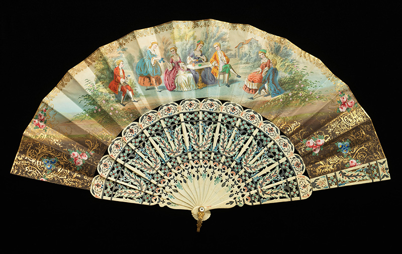 Figure 4. Fan, 1860–69, Spain. Ivory, paper, mother-of-pearl, metal. Brooklyn Museum Costume Collection at The Metropolitan Museum of Art, Gift of the Brooklyn Museum, 2009; Gift of Samuel Israel, 1941; 2009.300.1765.