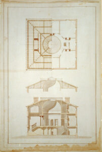 Figure 4. Benjamin Henry Latrobe, House (“Pope House”) for John Pope, Lexington, KY. Elevations, sections, and roof framing plan, 1811. Library of Congress Prints and Photographs Division.