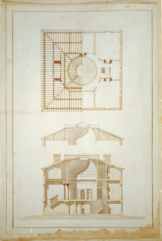 Figure 4. Benjamin Henry Latrobe, House (“Pope House”) for John Pope, Lexington, KY. Elevations, sections, and roof framing plan, 1811. Library of Congress Prints and Photographs Division.