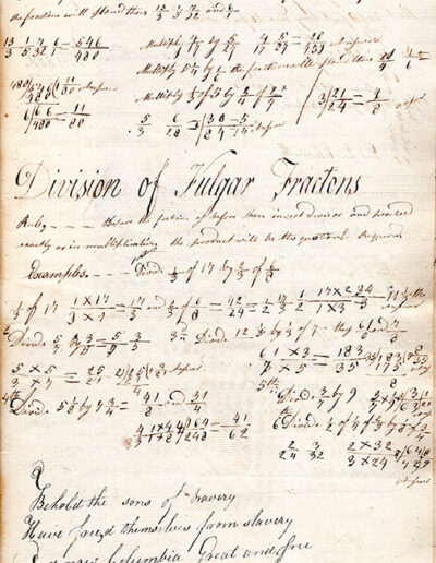 This example from Amos Bardwell’s book shows his adherence to the traditional cyphering framework of calligraphic title, definition, and examples, alongside Bardwell’s anecdotal and poetic addition at the bottom of the page.