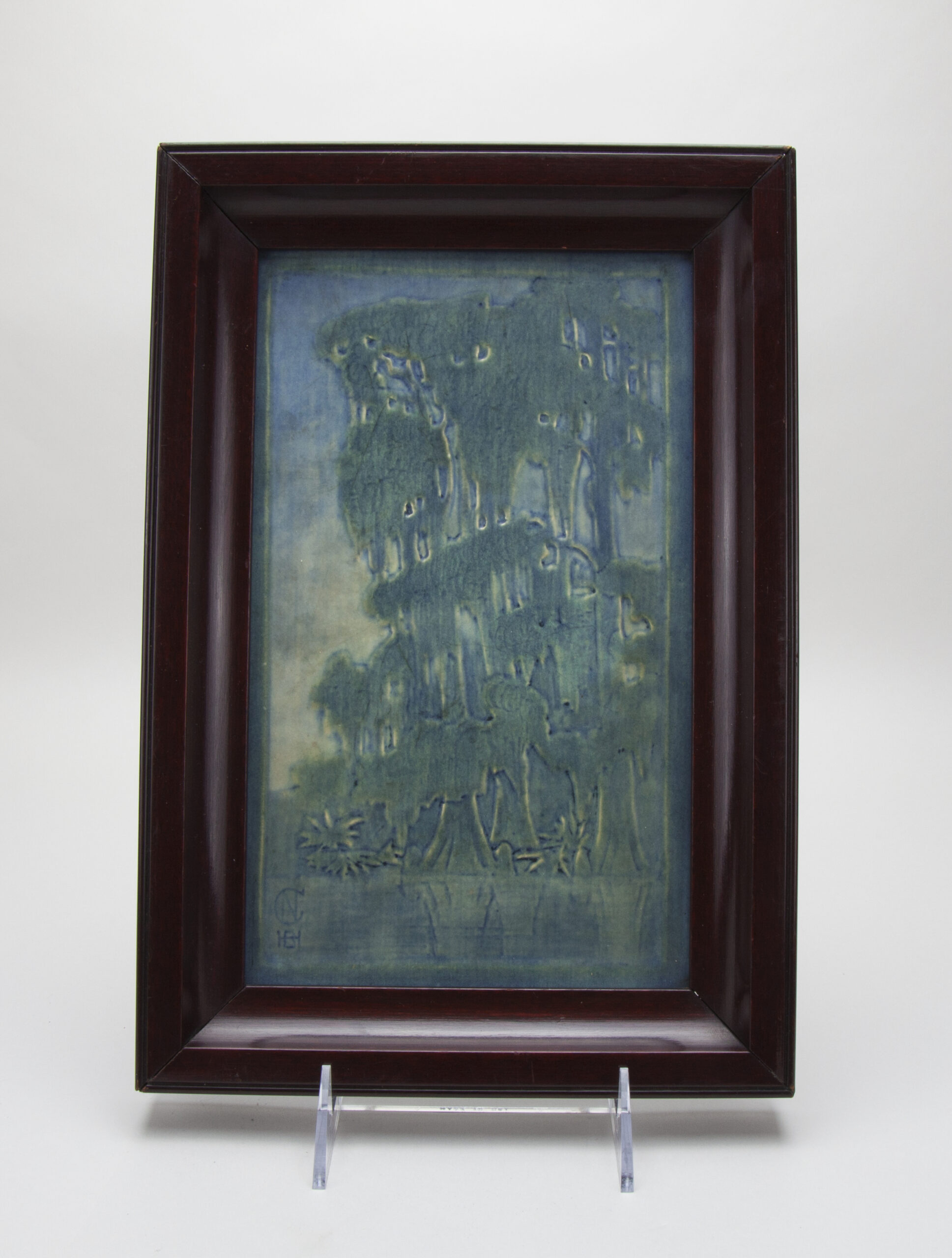 Henrietta Davidson Bailey, decorator; Tile with cypress swamp design, 1914. Glazed earthenware. Newcomb College Pottery, New Orleans, LA. Newcomb Art Museum, 2007.9.