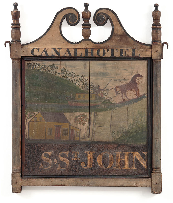 Figure 5. Sign for the Canal Hotel, c. 1826, Port Jervis, New York. Paint on wooden board and frame, smalt, gold leaf, iron hardware. Photograph courtesy of David A. Schorsch and Eileen M. Smiles, Woodbury, Connecticut.