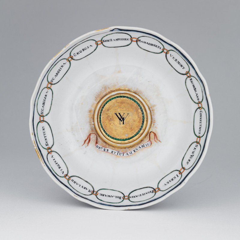 Figure 1. Cat. 54. Designed by Andreas Everardus van Braam, Saucer from Martha Washington's States Service, 1795, made in Jingdezhen, decorated in Guangzhou, China. Hard-paste porcelain, polychrome enamels. Photograph © Bruce M. White 2023.