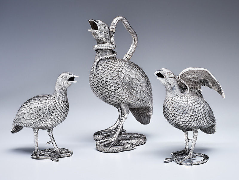 Figure 1. O.M. Oomersee Mawji, Tea Service , c. 1870, Bhuj. Silver with ivory spacers. Birmingham Museum of Art, Generous gift of Harish K. Patel, 2022.157.1-.2-.3. All photography by Erin Croxton.