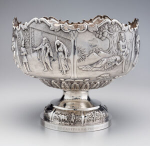 Figure 3. Attributed to Grish Chunder Dutt, Monteith, c. 1915, Kolkata (Calcutta). Silver repoussée. Birmingham Museum of Art, Generous gift of Harish K. Patel, 2022.138.