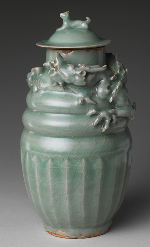 Figure 1. Funerary jar, 12th–13th centuries, China. Porcelain with carved and applied decoration and celadon glaze. The Metropolitan Museum of Art, Rogers Fund, 1918, 18.139.1a, b.