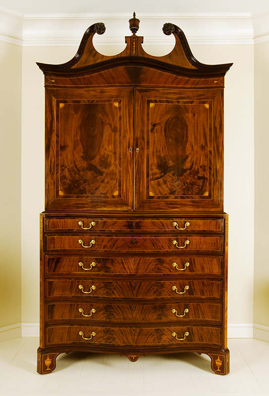 Figure 3. Secretary press, 1783-90, Charleston, SC. Mahogany and mahogany veneer; cypress and yellow pine. Gibbes Museum of Art, Gift of the Rivers Collection, 2023.003.0008.