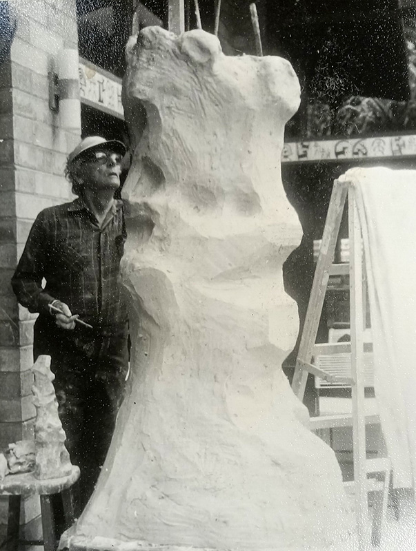 Figure 4. Photograph of Jean Charlot working on a full-scale clay model of In Praise of Petroglyphs in his backyard, c. 1973, Honolulu. Jean Charlot Collection, University of Hawai‘i at Mānoa. Photo courtesy of Malia Van Heukelem.