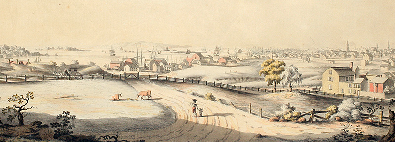 Charles Balthazar Julien Fevret de Saint-Mémin, detail of View of the City and Harbour of New York taken from Mount Pitt, the seat of John R. Livingston, Esq., 1796. Hand-colored etching. Patricia D. Klingenstein Library, New-York Historical Society. Corlears Hook was in the center distance of this view. Above: Figure 6. Potters Society ribbon, 1820–30, New York City. Silk. New-York Historical Society, INV.4357.
