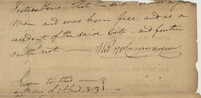 Figure 8. Detail of a certificate of Freedom for Peter Johnson signed by Thomas W. Commeraw (detail), 1813. Patricia D. Klingenstein Library, New-York Historical Society.