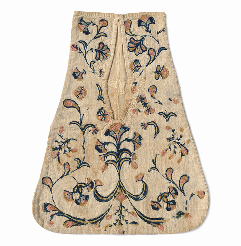 Figure 2. Embroidered pocket, 18th century, Concord, MA. Linen, wool, dye. Concord Museum Collection, Gift of Susan Rimbey, 2023.28.1.