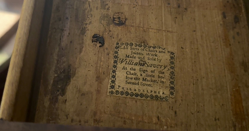 William Savery label in desk drawer. William Savery, Slant-lid desk, 1770-80, Philadelphia, PA. Walnut, tulip poplar, white cedar. Historic Odessa Foundation, The David Wilson Mansion, Inc., 1971.583. Photo by the Decorative Arts Trust.