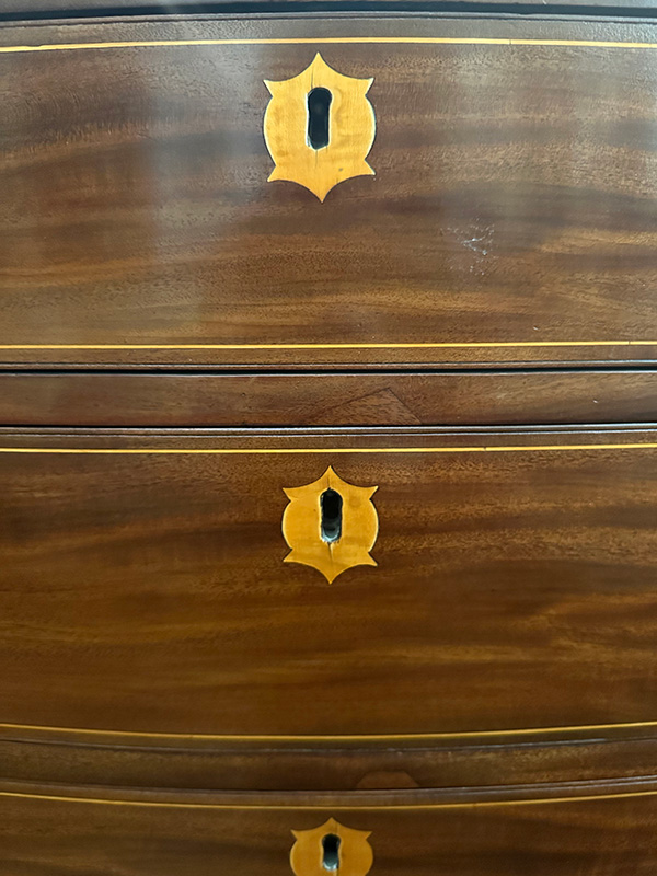 “Terrapin” escutcheon detail on Stevenson McDowell chest. Thomas Stevenson and James McDowell Sr., Chest of four drawers, 1804-8, Smyrna, DE. Mahogany, tulip poplar, white cedar, hard pine. Historic Odessa Foundation, gift of Sara Corbit Reese Pryor, 1974.56. Photo by the Decorative Arts Trust.