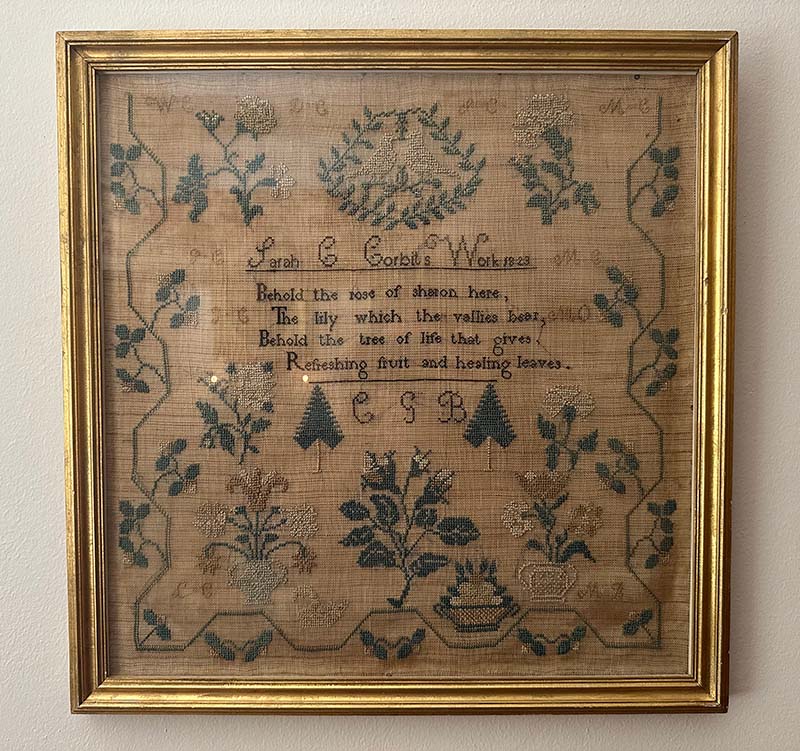 Sarah Clark Corbit, Needlework sampler, 1823, Odessa, DE. Silk on linen. Historic Odessa Foundation, gift of Sara Corbit Reese Pryor, 1977.222. Photo by the Decorative Arts Trust.