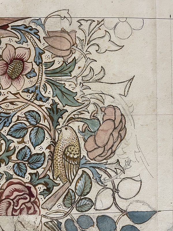 William Morris, watercolor sketch for 𝘙𝘰𝘴𝘦 𝘢𝘯𝘥 𝘛𝘶𝘭𝘪𝘱 wallpaper. England, 1883. Victoria & Albert Museum, London. Photo by author.