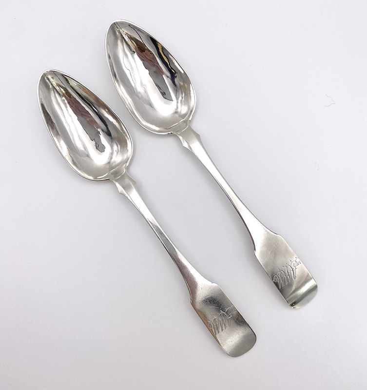 Figure 2. Peter Bentzon, Tablespoons, 1806–48, Philadelphia, PA, or St. Croix, Virgin Islands. Silver. DAR Museum, 2024.25.1-2. Image courtesy of the DAR Museum, 2025.