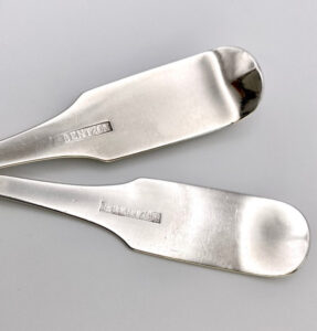 Figure 3. Peter Bentzon, Tablespoons, 1806–48, Philadelphia, PA, or St. Croix, Virgin Islands. Silver. DAR Museum, 2024.25.1-2. Image courtesy of the DAR Museum, 2025.