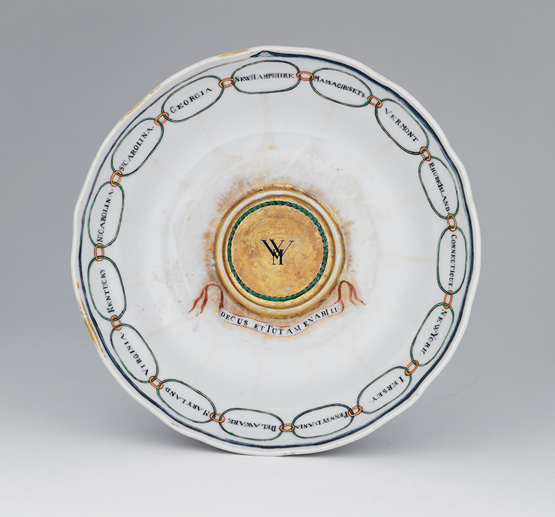 Figure 2. Probably designed by Andreas Everardus van Braam, Saucer from Martha Washington’s States Service, 1795, made in Jingdezhen, decorated in Guangzhou, China. Hard-paste porcelain, polychrome enamels. Photograph © Bruce M. White 2023.