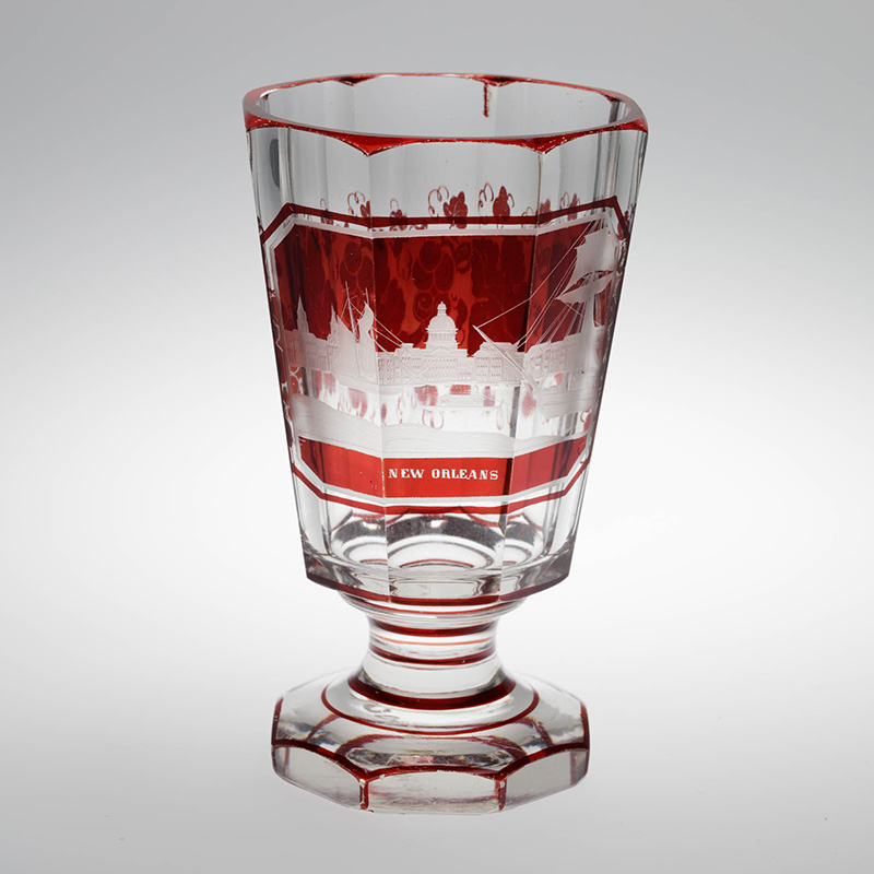 Laura Ochoa Rincon is analyzing NOMA’s glass collection, such as this “New Orleans” goblet, 1840–50, probably Bohemia (today’s Czechoslovakia). Glass, ruby stained, engraved. New Orleans Museum of Art, Museum purchase, William McDonald Boles and Eva Carol Boles Fund, 2004.50.
