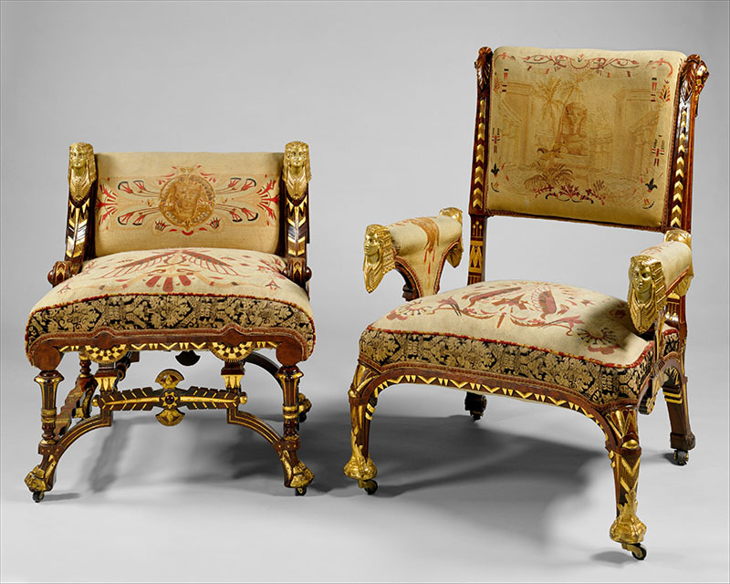 Lea Stephenson’s dissertation focuses on Egyptomania in the 19th century. Attributed to Pottier and Stymus Manufacturing, Armchair, 1870–75, New York City. Rosewood, prickly juniper veneer, gilding, brass, original tapestry upholstery. The Metropolitan Museum of Art, Funds from various donors, 1970, 1970.35.1.