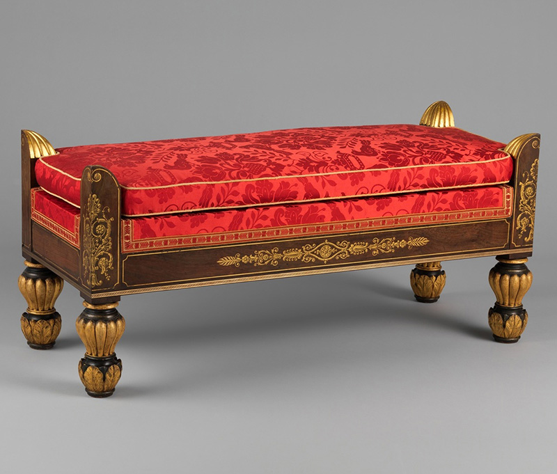 Duncan Phyfe, Window Seat (one of a pair), 1822-26, New York, NY. Rosewood veneer, rosewood-grained cherry, ash, stenciled and free-hand gilding, gilded gesso, vert antique, die-stamped brass. Courtesy of the Richard Hampton Jenrette Foundation, 2022.01.03.