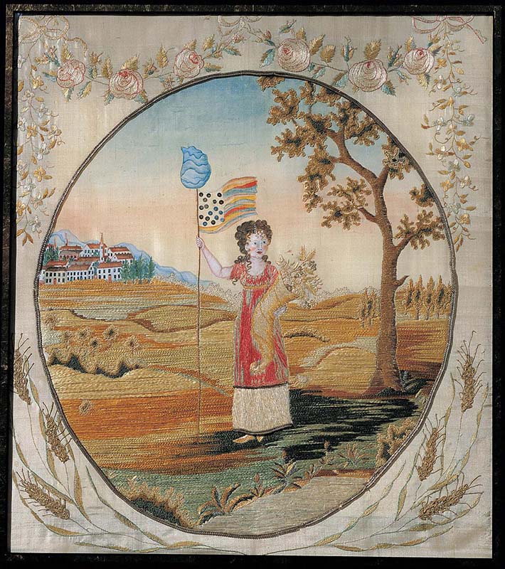Lucina Hudson, Liberty Needlework, 1808, South Hadley, MA. Silk, metallic thread, spangles, paint on silk, 17 1/2 x 15 1/2 in. American Folk Art Museum, Museum purchase with funds from the Jean Lipman Fellows, 1996.9.1.