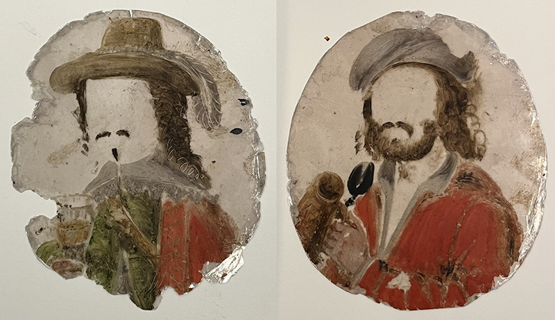 Two overlays depicting male figures of different social standing with drinking vessels in the collection Musée National Renaissance in Écouen. Photo by Jasper Martens.