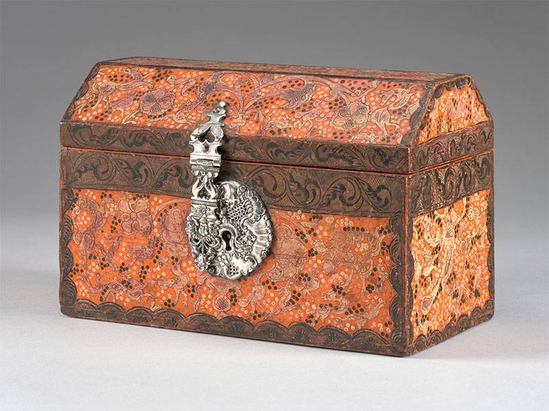 Figure 2. Maque chest, 1770–80, Olinalá, Mexico. Maque lacquer, wood, silver. Denver Art Museum, Funds from the bequest of Charles G. Patterson, III, 2021.423. Photography © Denver Art Museum.