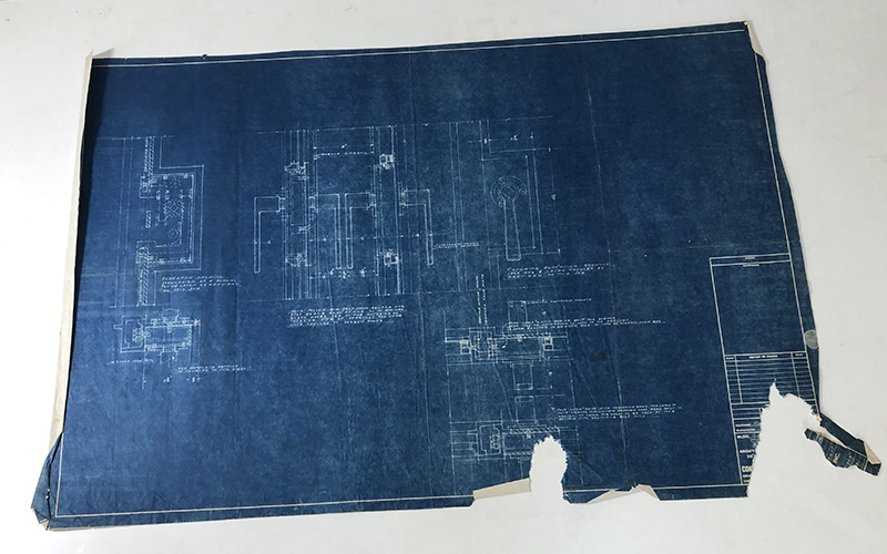Blueprint showing detail of brass door handles for the Guest House for Fallingwater. Hope’s Windows, Inc., Jamestown, NY, c. 1930. Fallingwater Archive.
