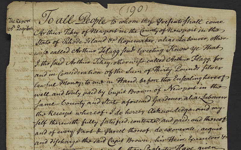 Page from the African Union Society book of records, recording a land transaction between Arthur Flagg and Cupid Brown for a house and lot on Thames Street. NHS Vol. 1674B, Page 190.
