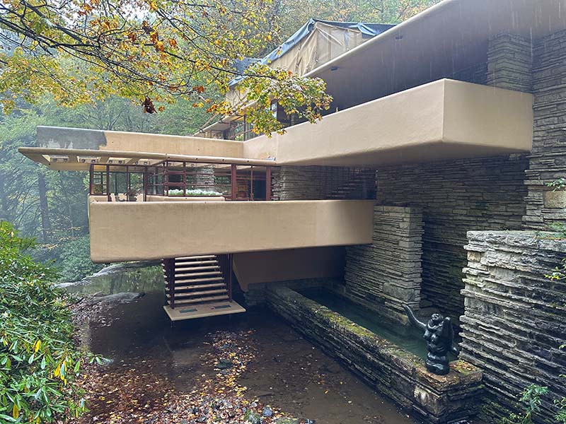 Exterior view of Fallingwater looking inward towards the living room, where most of the tour takes place.