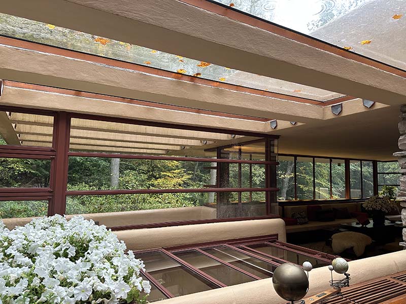 Interior view looking out the living room windows.