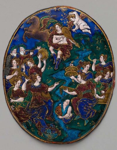 Figure 3. Suzanne de Court, Oval Medallion, Apollo and the Muses, c. 1600, Limoges, France. Enamel on copper, parcel-gilt. The Frick Collection, Gift of Alexis Gregory, 2021. Photo by Joseph Coscia Jr.