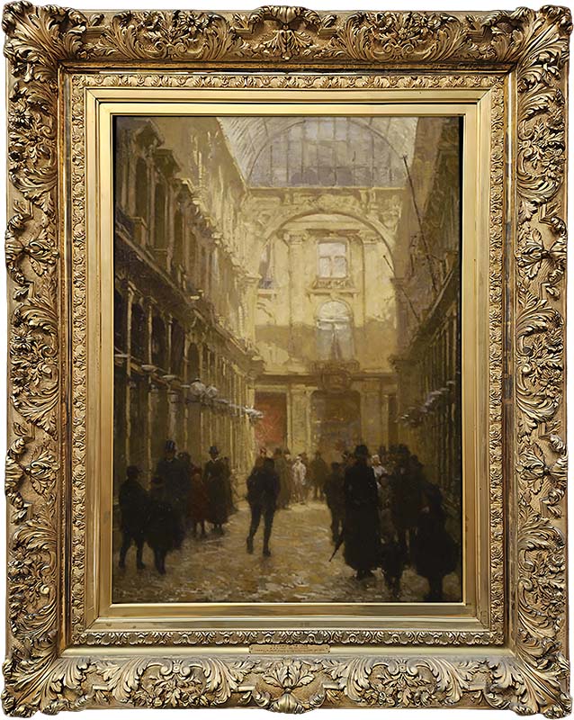 Figure 4. Painting: Willem Bastiaan Tholen, The Arcade at The Hague, 1887–1902. Oil on canvas, Overall: 99.7 x 69.2 cm. AGO, Gift of Mrs. Massey Treble, 1916. 583. Frame: Barbizon-style frame, late 1800s, European or Canadian. Overall: 104.1 × 73 cm. (This image is a digital mockup of the painting in the frame.). Photo © AGO.