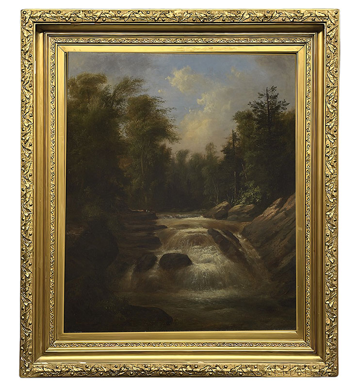 Figure 5. Painting: Robert Seldon Duncanson, River with Rapids, c. 1864. Oil on canvas, Unframed: 73.7 × 61.3 cm. AGO, Gift of Mr. Mort Lesser, Port Hope, Ontario, in memory of Jean Evelyn Lesser, 1985, 85/309. Frame: Augustus James Pell. Neoclassical Revival-style frame, c. 1864. Overall: 73.7 × 61.3 cm. (This image is a digital mockup of the painting in the frame.) Photo © AGO.