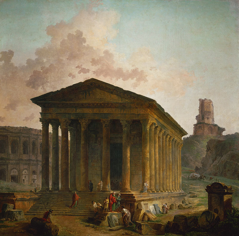 Figure 2. Hubert Robert, 𝘓𝘢 𝘔𝘢𝘪𝘴𝘰𝘯 𝘤𝘢𝘳𝘳𝘦́𝘦, 𝘭𝘦𝘴 𝘢𝘳𝘦̀𝘯𝘦𝘴 𝘦𝘵 𝘭𝘢 𝘵𝘰𝘶𝘳 𝘔𝘢𝘨𝘯𝘦 𝘢̀ 𝘕𝘪̂𝘮𝘦𝘴, 1787. Oil on canvas. Musée du Louvre. Photo by Erich Lessing/Art Resource, NY.