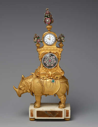 Figure 6. James Cox, Musical automation rhinoceros clock, 1765–72, England. Gilt bronze, silver, enamel, paste jewels, white marble, agate. The Frick Collection, Gift of Alexis Gregory, 2021. Photo by Joseph Coscia Jr.