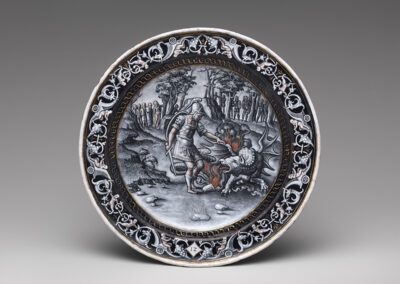 Figure 2. Pierre Reymond, Jason Confronting the Dragon Guarding the Golden Fleece, 1567–68, Limoges, France. Enamel on copper, parcel-gilt. The Frick Collection, Gift of Alexis Gregory, 2021. Photo by Joseph Coscia Jr.