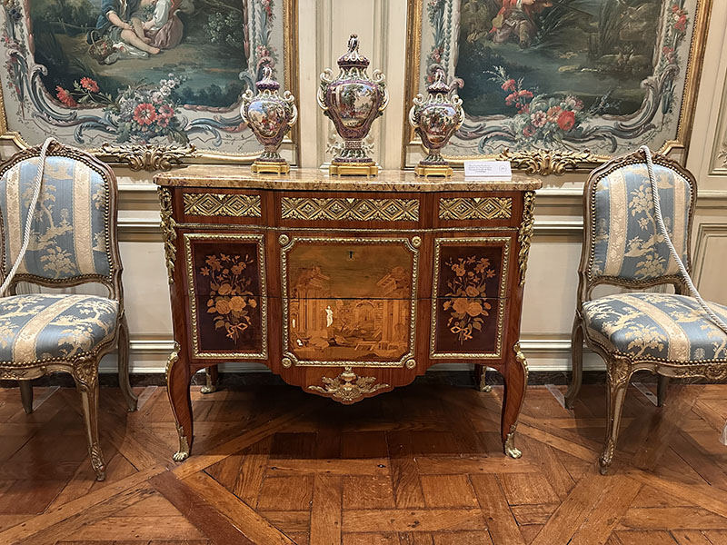 Attributed to André-Louis Gilbert, Commode (chest of drawers), c. 1775, France. Marquetry, ivory, tulipwood border, mounts of gilt bronze and marble on oak. The Frick Collection, bequest of Henry Clay Frick, 1918.5.38.