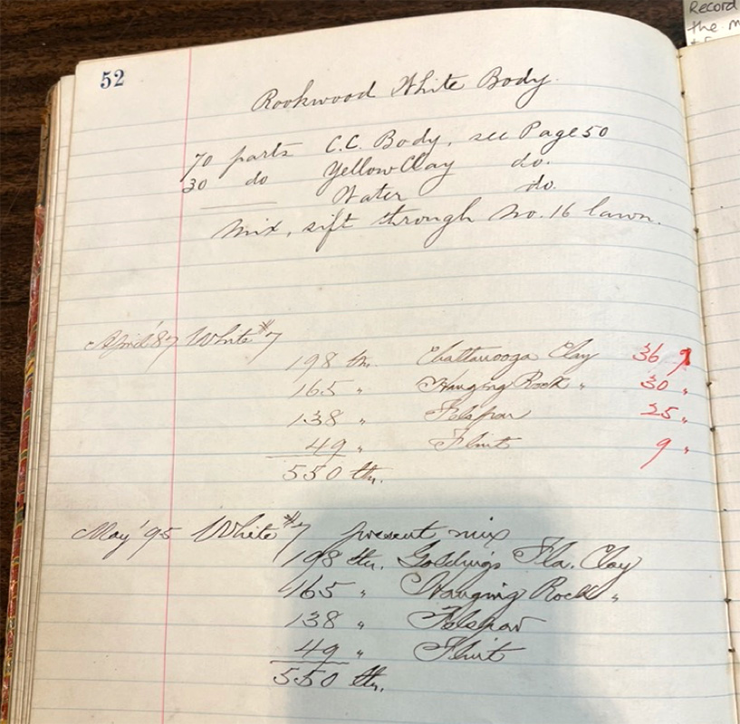 Figure 4. Karl Langenbeck’s journal of clay composition. The Cincinnati History Library and Archives. Mss R77, box 5, volume 18. Photo by author.