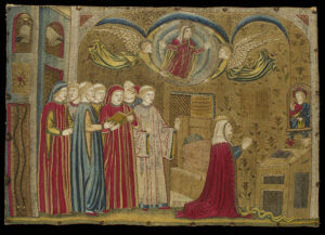Figure 1. Maker unknown, Embroidered panel with the death of Blessed Verdiana Attavanti, 1425–50, Florence (made). Embroidered linen with silk and metal threads. Victoria & Albert Museum, 4216-1857. © Victoria and Albert Museum, London.