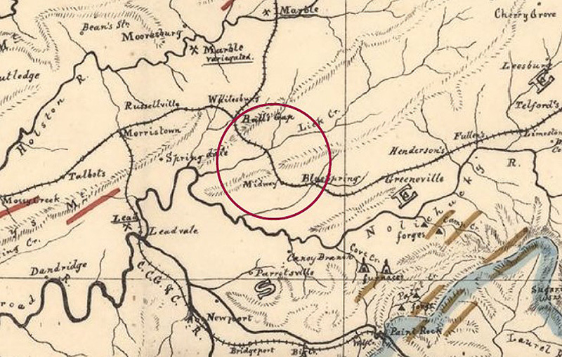 Figure 5. Waring, Charles. Detail of “Map of East Tennessee & Western North Carolina Showing Mineral Deposits in the Vicinity of Knoxville, TN, 1876.” TSLA Map Collection, 35688, Tennessee Virtual Archive. Courtesy Tennessee State Library and Archives. Haun’s pottery was located in the circled area.