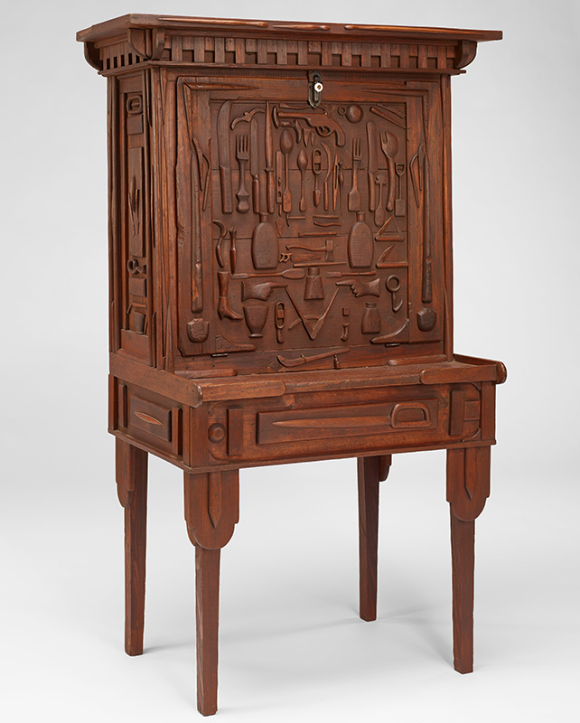 Hampton Smith is studying objects created by Black craftspeople, including this writing desk attributed to William Howard, c. 1870, Madison Co., MS. Yellow pine, tobacco box and cotton crate wood. Minneapolis Institute of Art, Driscoll Art Accessions Endowment Fund, the John and Ruth Huss Fund for Decorative Arts, the Fred R. Salisbury II Fund, and the Deborah Davenport and Stewart Stender Endowment for American Folk Art, 2012.11.